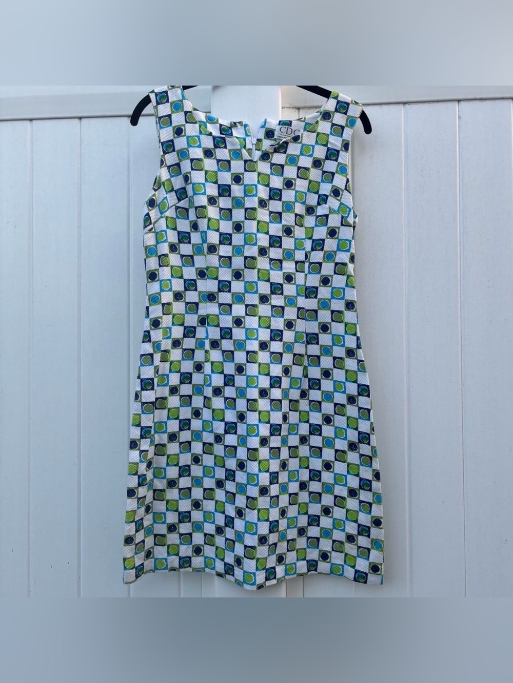CDC Women’s Geometric Shift Dress White Blue Green Sleeveless Zip Knee Sz 8